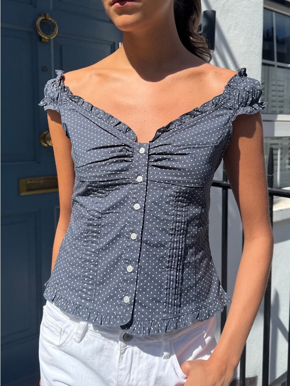 Brandy Melville Elena Polka Dot Top | Blue | One Size